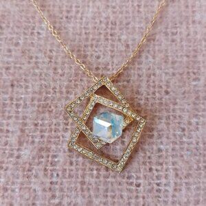 Necklace, Gold Tone Chain & Pendant with Rhinestone-Studded Squares, 3D crystal